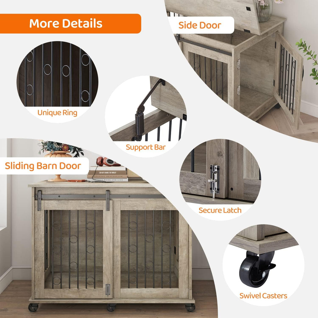 IchbinGo Large Dog Crate Furniture with Sliding Barn Door, 43.7" Wooden Dog Kennel End Table with Wheels and Flip-top Plate Dog House with Detachable Divider for Small/Medium/Large Dog (Rustic Grey)