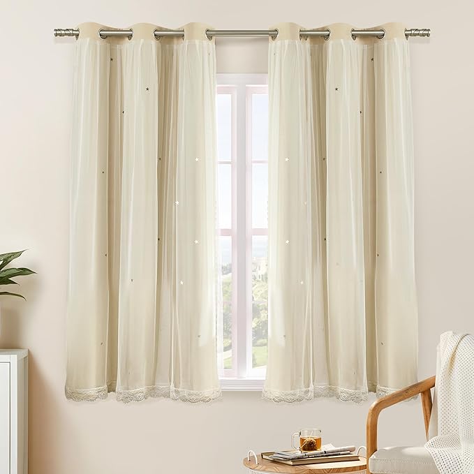 XiDi Beige Curtains with Sheer Overlay for Living Room Bedroom Small Window 2 Panels 80% Blackout Double Layer Star Curtains for Kids Girls Room Darkening Grommet Drapes with Tiebacks W34 X L45