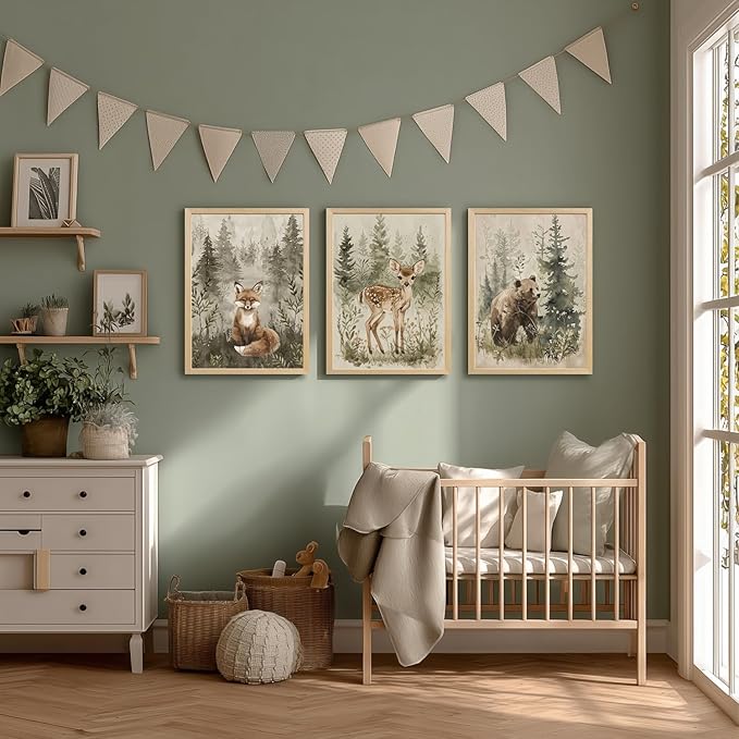 kilamino Wood Framed Woodland Animal Nursery Wall Art, Cute Fox Bear Deer Wall Decor, Neutral Wildlife Animal Art Prints, Funny Nature Forest Animal Canvas Paintings for Baby Room Playroom 12"x16"x3