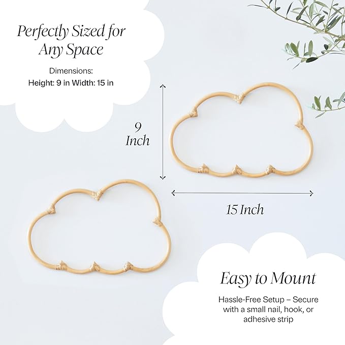 BEBE BASK Handmade Wicker Cloud Décor Set of 2 - Rattan Cloud Decorations - Décor for Bedroom and Baby Nursery Wall - for Girls Room