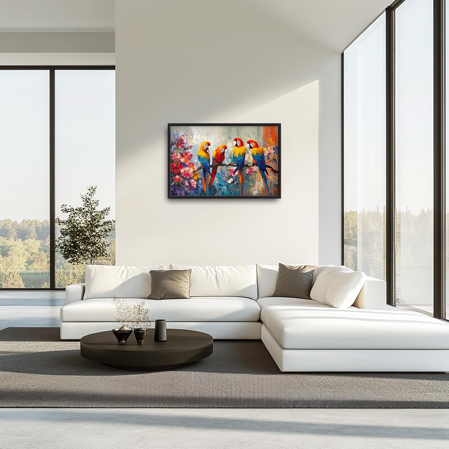 Extra Large Framed Parrot Bird Wall Art,Oversized Abstract Colorful Parrots Flower Wall Decor Pictures for Living Room,Canvas Print Painting Modern Artwork Bedroom Office Bathroom Home Decor 36L x24W