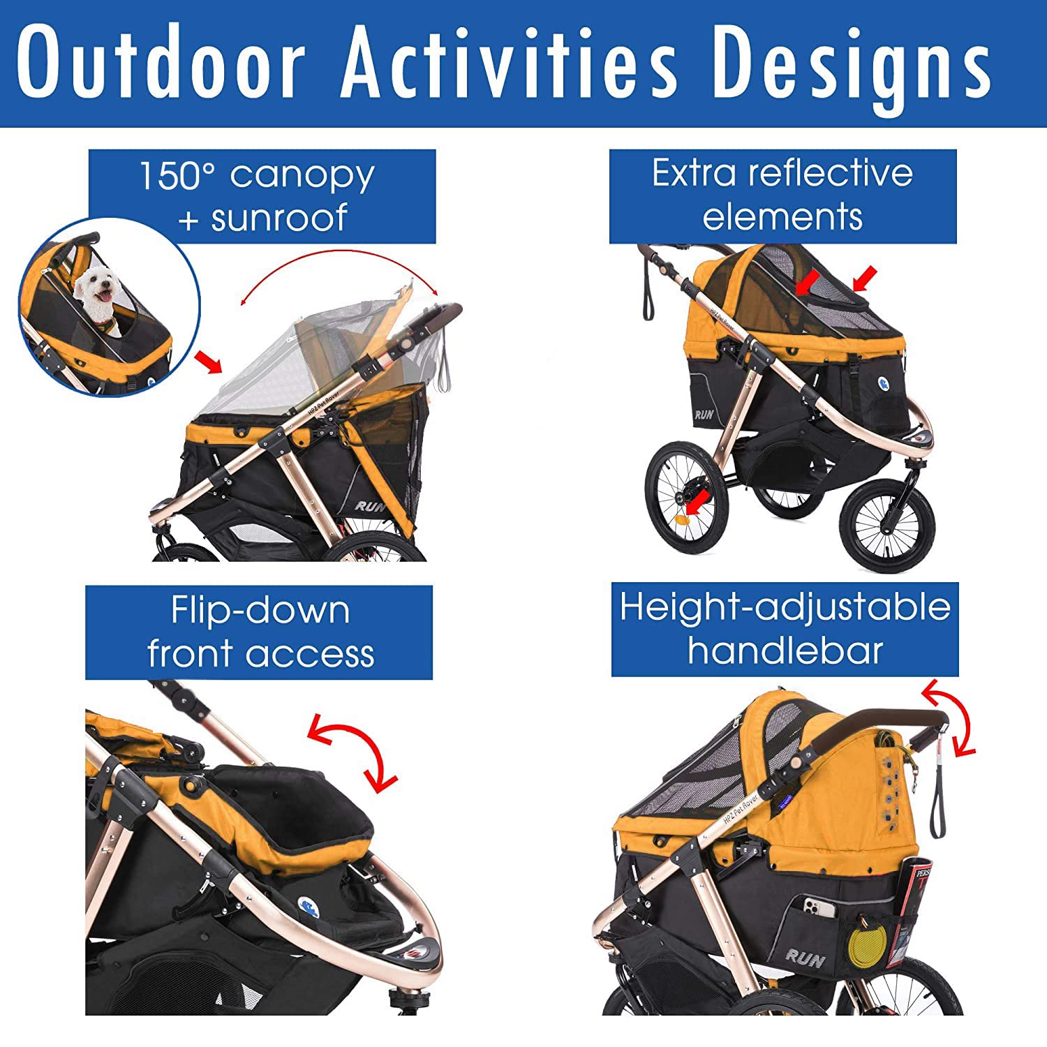 Run Performance Jogging Sports Stroller with Comfort Rubber Wheels/Zipper-Less Entry/1-Hand Quick Fold/Aluminum Frame for Small/Medium Dogs, Cats and Pets (Speed Yellow)