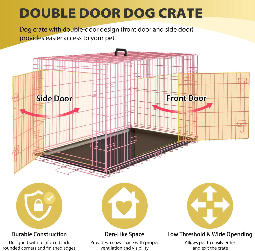 BestPet | Dog Crate | 48" | Pink | Foldable Metal Kennel with Double Doors, Secure Slide-Bolt Latches, Leakproof Tray | Portable Dog Cage for Large Breeds | for Travel, Indoor & Outdoor Use
