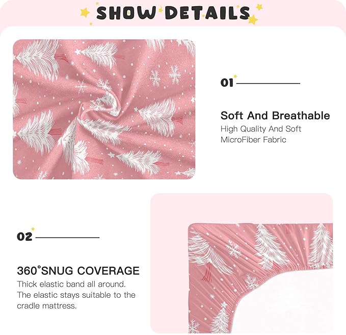 Christmas Pinks Trees Snowflakes Crib Sheets Soft Breathable Fitted Baby Crib Sheets Mattress Cover for Girls Boys, 52" x 28" x 9"