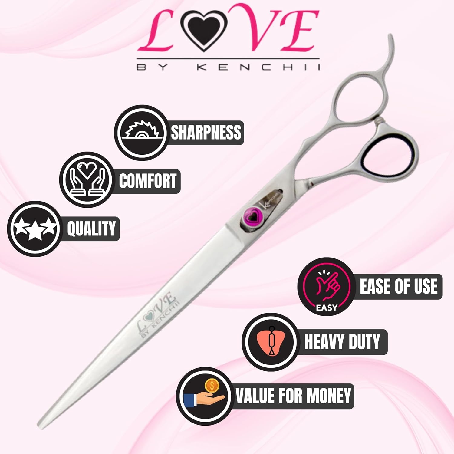 Kenchii Love Dog Grooming Scissors, 9 Inch Straight Shears, Dog Scissors for Grooming, Professional Pet Grooming Scissors, Heavy Duty, Durable and Sharp