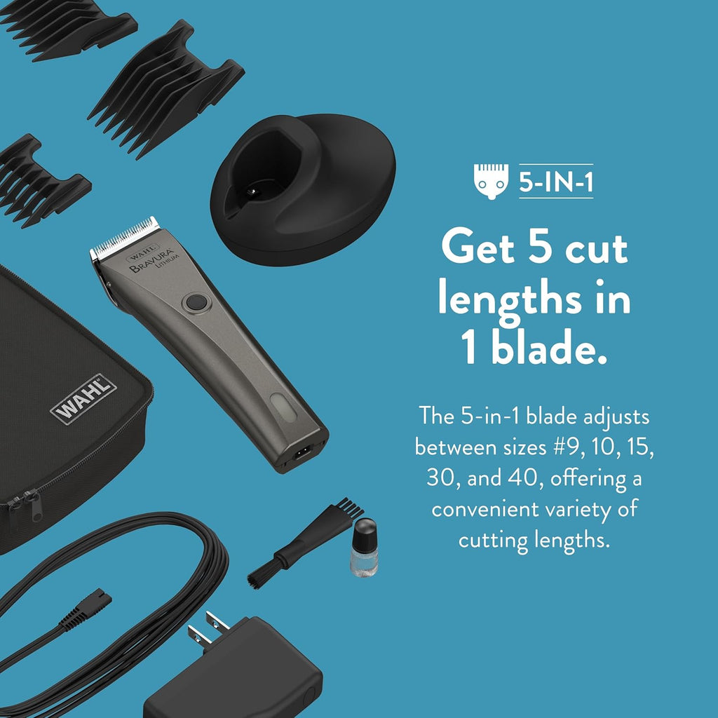 WAHL Professional Animal Bravura Lithium Ion Clipper - Pet, Dog, Cat, and Horse Corded/Cordless Clipper Kit, Gunmetal (41870-0425)