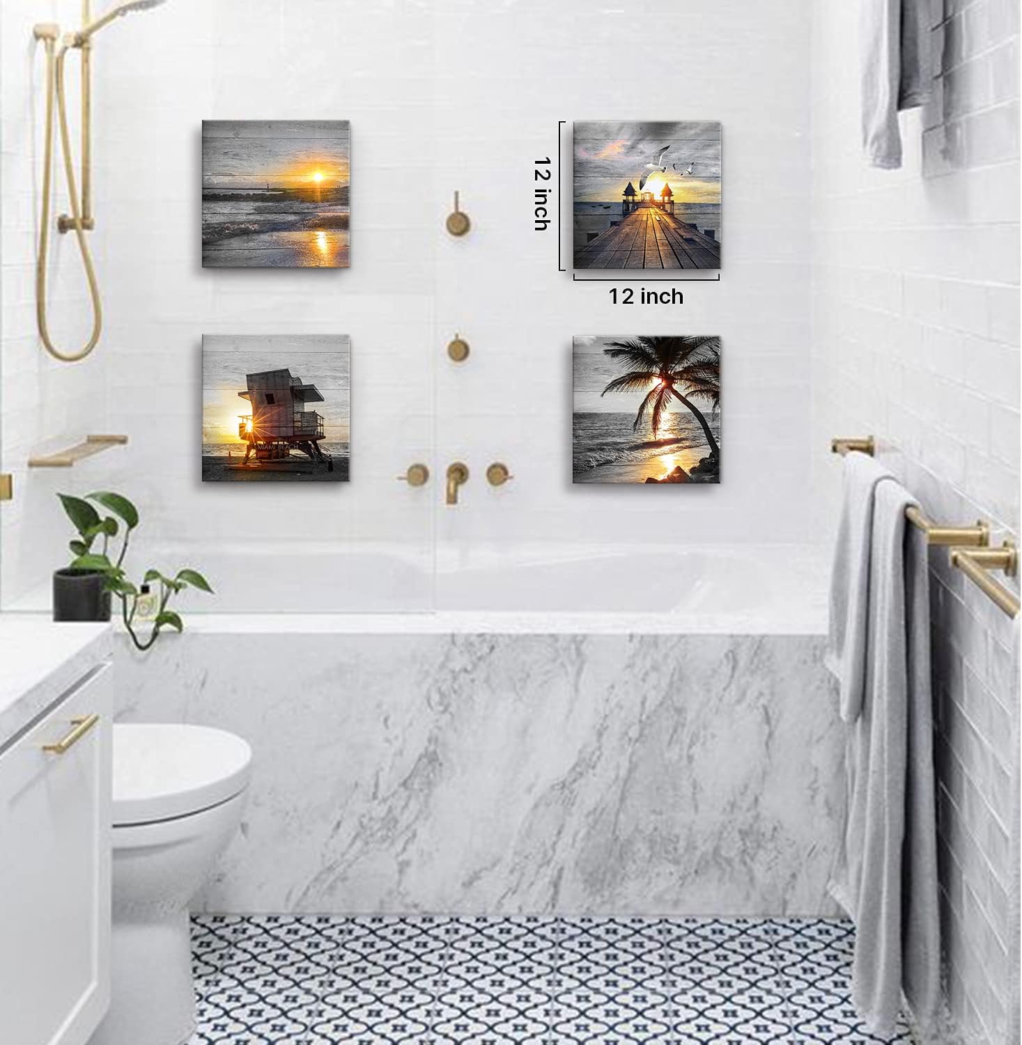 Yxbhhym- Bathroom Wall Art Black and White Gold Beach Wall Art Ocean Canvas Print Sunrise Sunset Seascape Scenery Painting Poster Framed Picture Bedroom Wall Decor Living Room Office Wall Decoration
