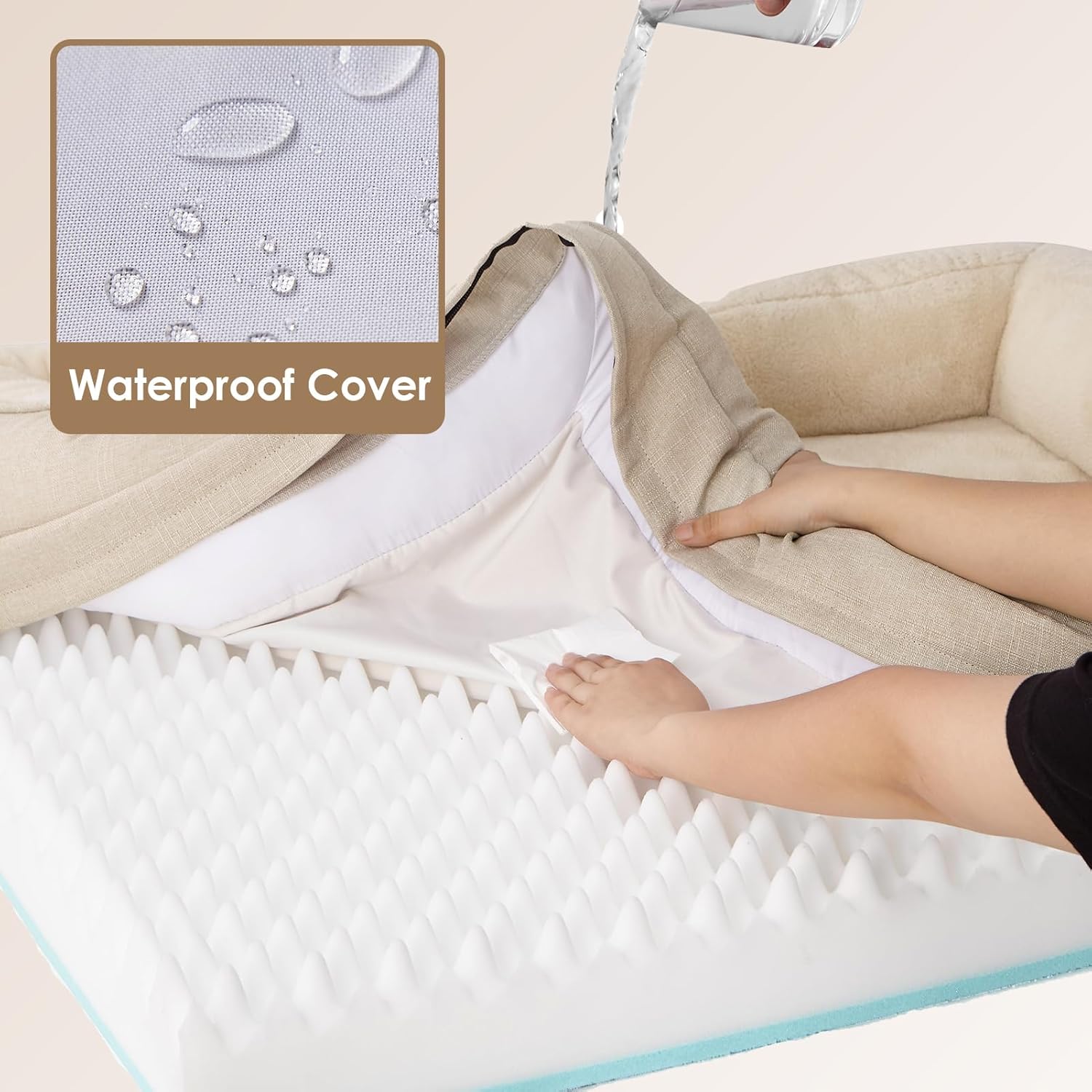 EHEYCIGA Memory Foam Dog Bed for Medium Size, Orthopedic Dog Sofa with Sides and Waterproof Liner, Washable Bolster Pet Couch with Removable Cover, 35x22x6.5 Inch, Beige