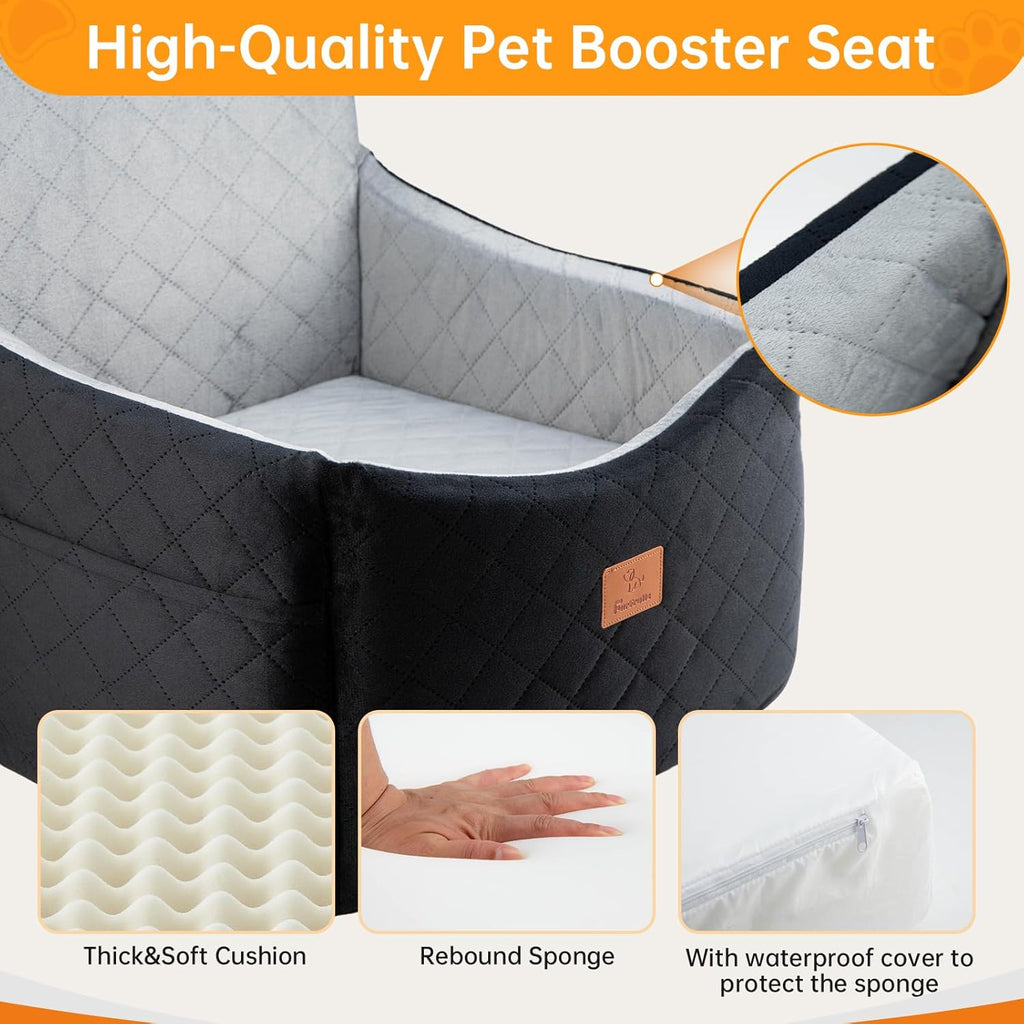 Dog Car Seats for Small/Medium Dogs, FurFrolic Memory Foam Dog Booster Seat for Small Dogs up to 35 lbs, Travel Pet Car Seat with Washable Detachable Cover, Storage Pockets, 2 Safety Belts, Black Gray