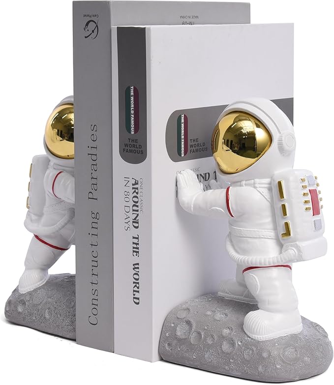 Space Decor Bookends, Resin Astronaut Bookshelf Ends for Kids Rooms Gold Book Ends for Heavy Books Fun Heavy Duty Book End Holder Astronaut Figurine Statue for Office Home Room(D-Gold)