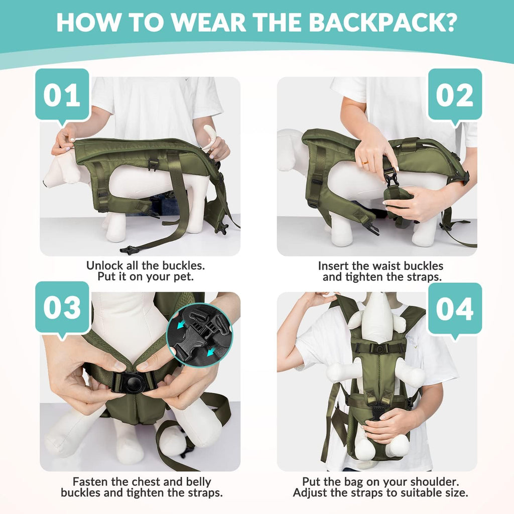 Lukovee Dog Backpack Carrier, Legs Out Easy-fit Dog Front Carrier for Small Medium Dogs, Adjustable Hands Free Dog Chest Carrier for Hiking Cycling (Green,X-Large)