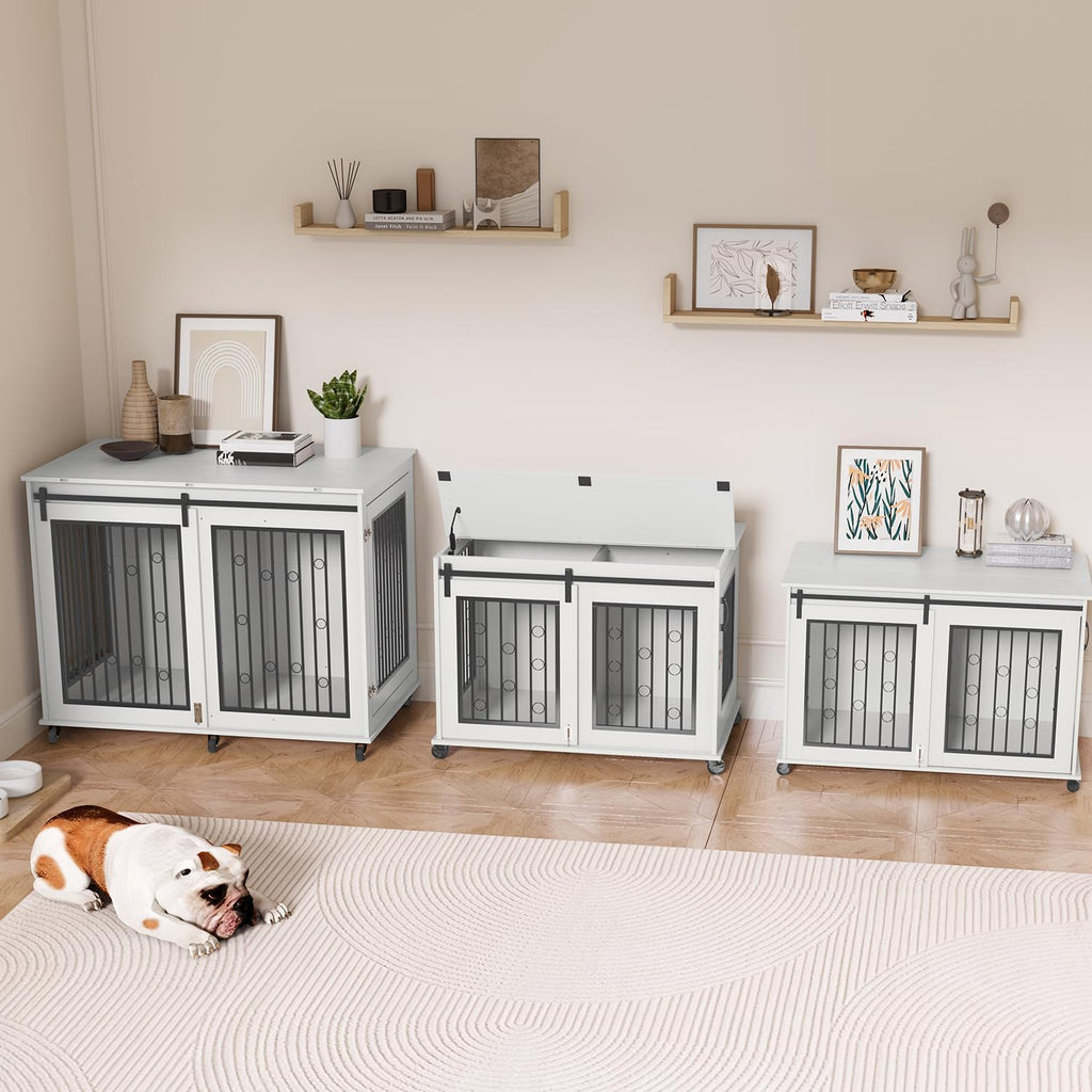 IchbinGo Large Dog Crate Furniture, 47" Wooden Dog Kennel with Sliding Barn Door, Flip-Top Lid & Wheels, Indoor Pet Crate Table with Detachable Divider for Small/Medium/Large Dogs (White)