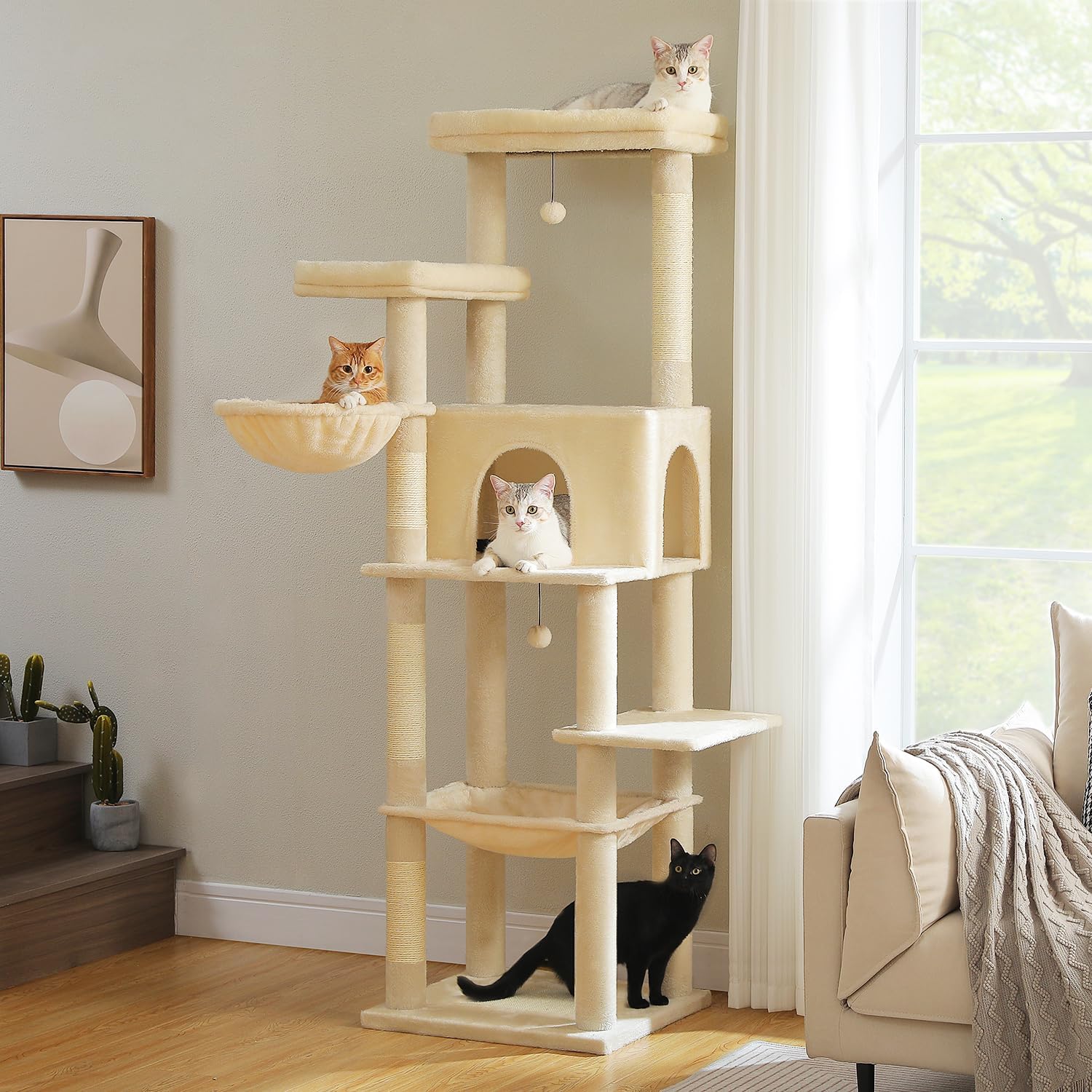 PAWZ Road Large Cat Tree, 73 Inches Tall Cat Tower with 1 Large Padded Perch,2 Spacious Hammocks,8 Long Scratching Posts, XL Plush Cat Condo for Indoor Adult Cats,Beige