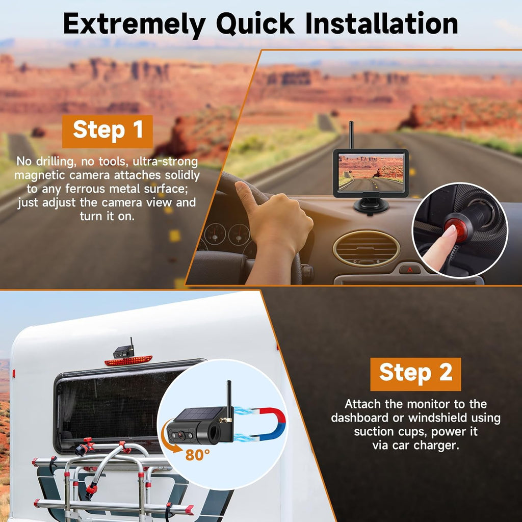 Magnetic Solar Wireless Backup Camera with 5” HD Monitor No Wiring Rechargeable Battery IP68 IR Night Vision Rearview Camera System for Car RV Truck 5th Wheels Skid Steer Horse Trailer Hitch Camera