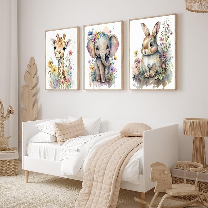 3Pcs Baby Watercolor Safari Animals Nursery Canvas Wall Art Cute Jungle Animals with Wildflower Picture Posters Wall Decor Giraffe Elephant Rabbit Painting Print Artwork for Kids Children Room 12x16in