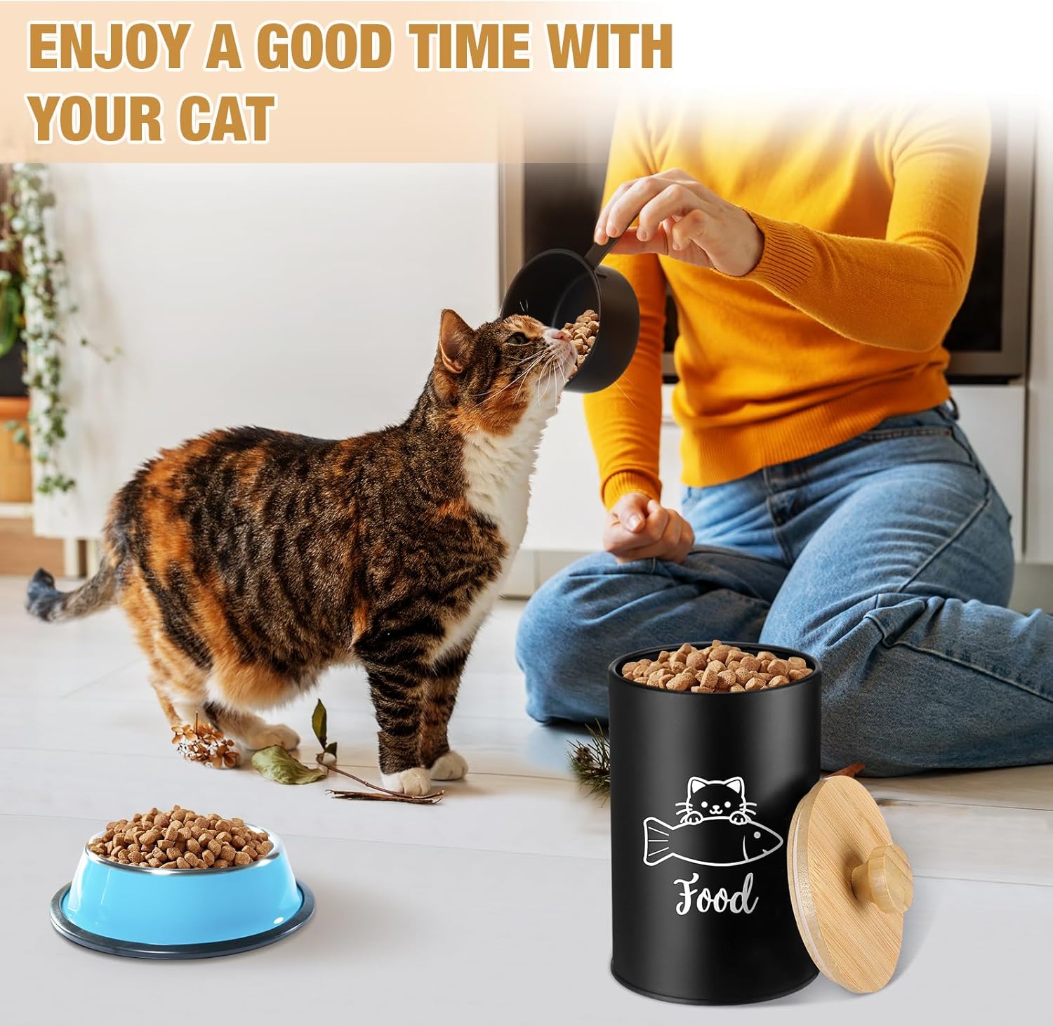 Metal Airtight Cat Treat Container Set of 3 with Bamboo Lids and Spoon Cat Food Storage Container with DIY Labels Pen Pet Cookie Snack Food Storage Organizer Jars for Kitchen Counter(Black)