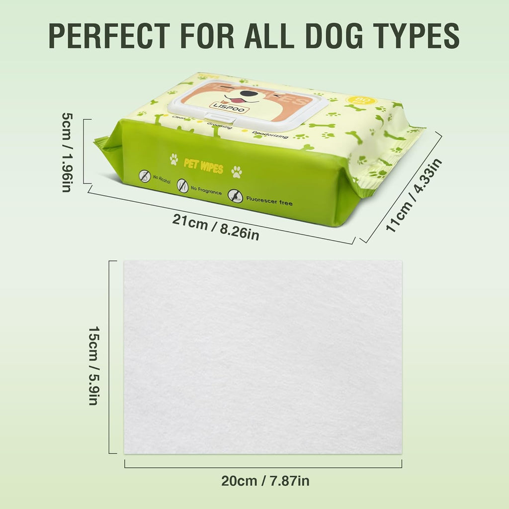 Pet Wipes -Cleaning and Grooming for All Pets, Alcohol-Free Portable Pack, Gentle for Face, Body, Paws and Butt-Thick Nonwoven Fabric-80 Count