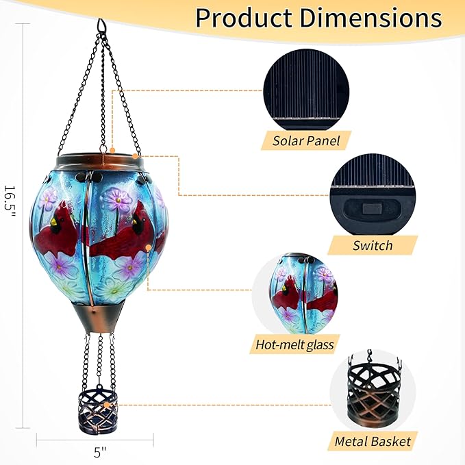 Glass Solar Hot Air Balloon Lantern with Flame Hanging Garden Flickering Light Outdoor Waterproof for Yard Patio Tree Mother's Day Gift, Cardinal