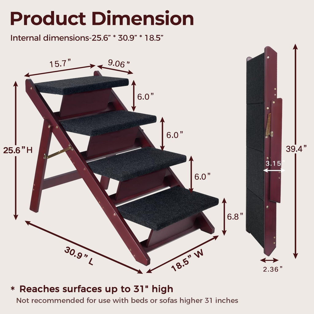 BRIKY Wooden Dog Stairs/Steps - Foldable 4 Steps Dog Steps for High Bed Couch Cars, Non-Slip Pet Stairs for Small Large Medium Dogs and Cats, No Assembly Required