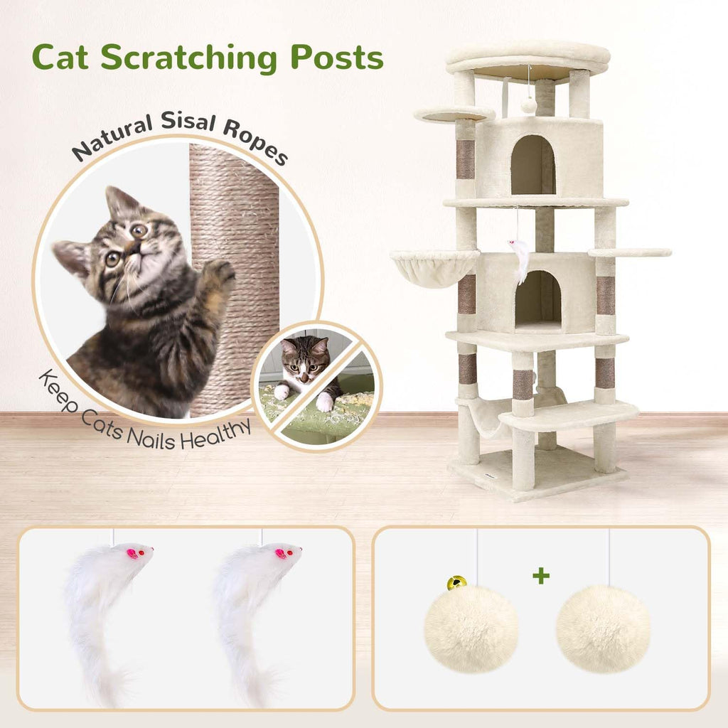 Globlazer Corner Cat Tree Tower for Large Cat, 66inch Tall Large Cat Tree Condo for Multiple Indoor Cats with 6 Scratching Posts, 2 Spacious Cat Condos, Soft Hammock, Hanging Basket, C66, Light Beige