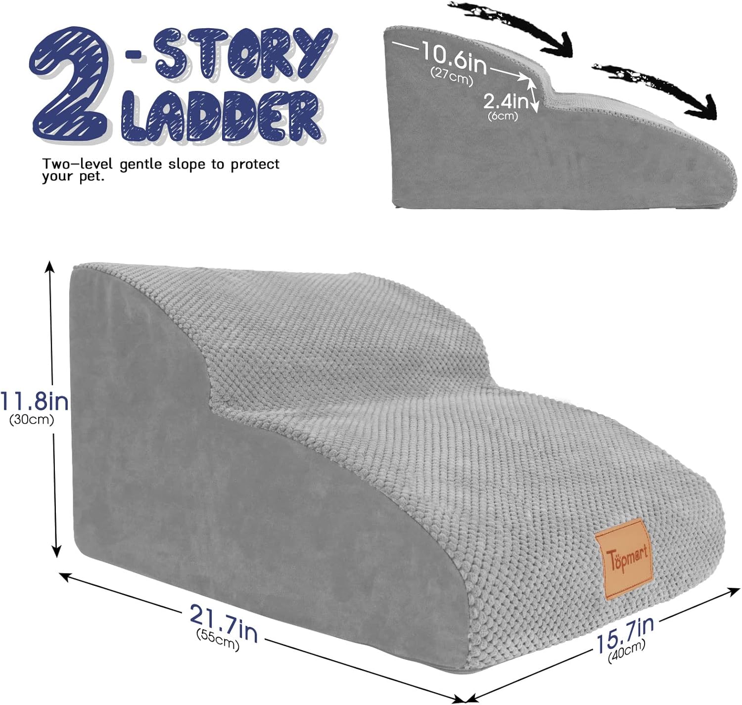 Topmart High Density Extended Foam Dog Ramp&Steps 2 Tiers,11.8" High,Non-Slip Dog Stairs,Soft Foam Pet Ladder with Waterproof Cover,Best for Injured,Older Cats,Pets with Joint Pain