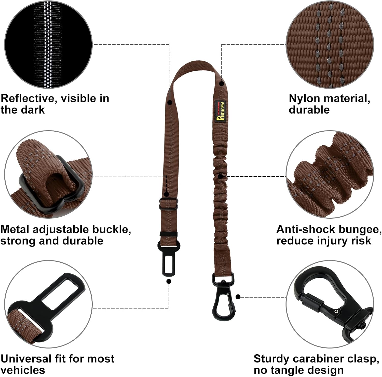 Plutus Pet Dog Seat Belt for Car, Adjustable Dog Car Harness with Carabiner Clip, Reflective Safety Dog Seatbelt Leash with Elastic Bungee, Chocolate