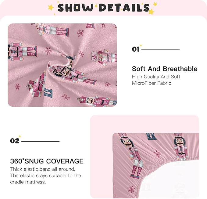 Christmas Nutcrackers Pinks Crib Sheets Soft Breathable Fitted Baby Crib Sheets Mattress Cover for Girls Boys, 52" x 28" x 9"