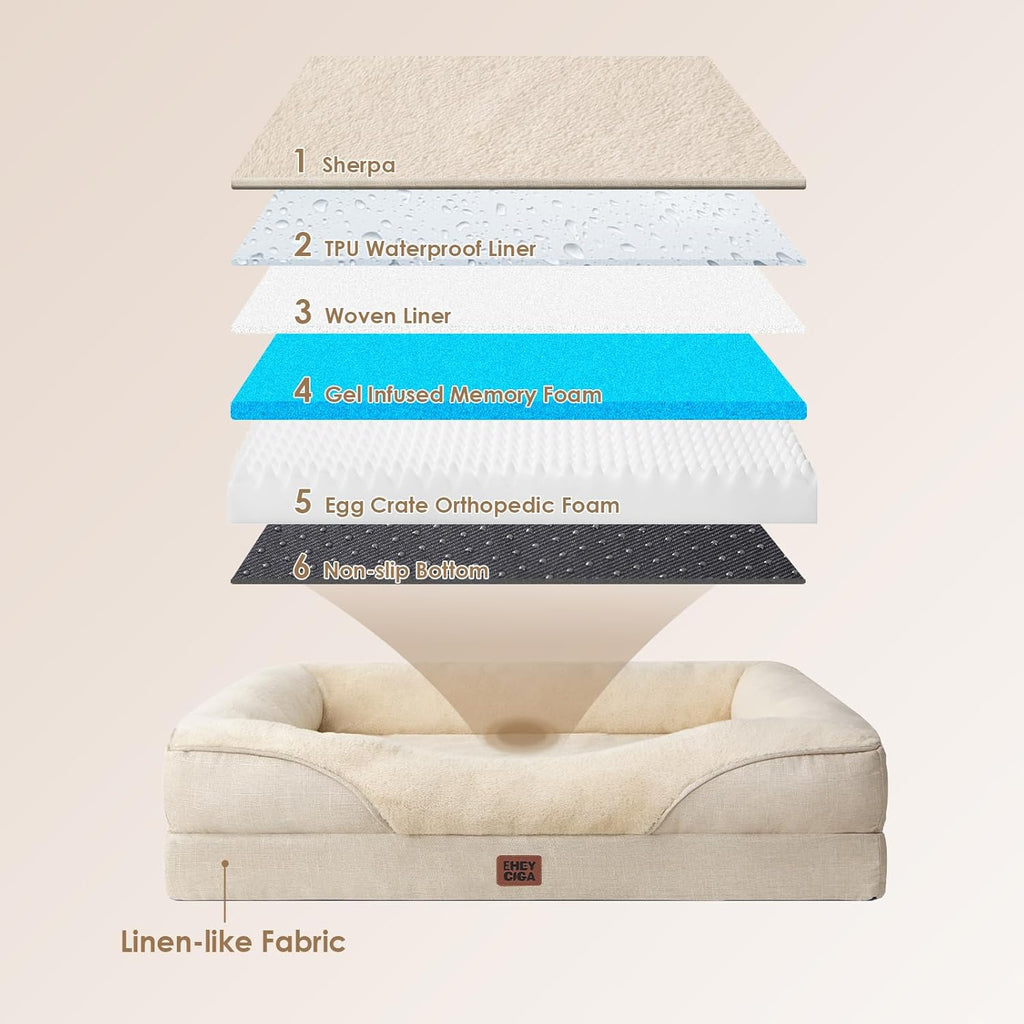 EHEYCIGA Memory Foam XXL Dog Bed for XLarge Sized, Extra Large Orthopedic Dog Sofa with Sides and Waterproof Liner, Washable Bolster Pet Couch with Removable Cover, 52x41x8 Inch, Beige
