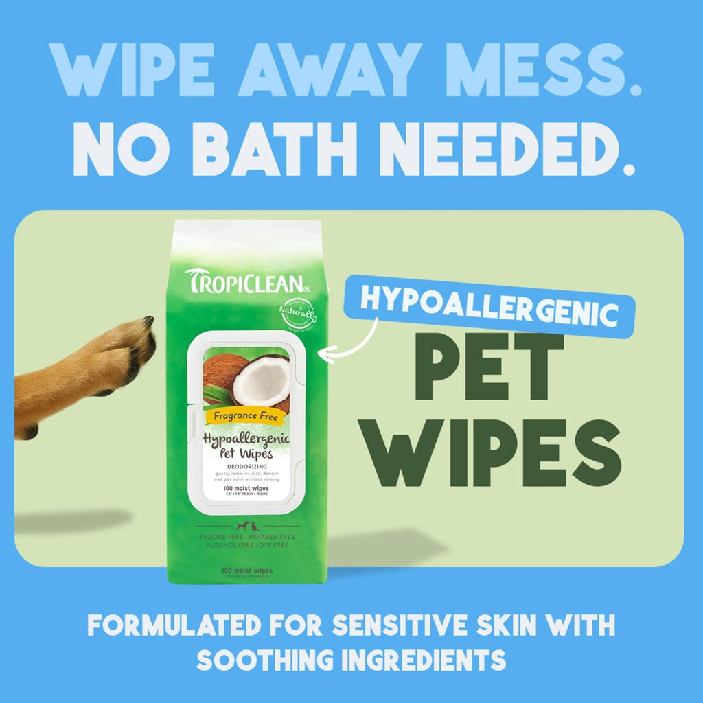 TropiClean Hypoallergenic Cleaning Pet Wipes, 100ct - Wipes for Dogs, Cats, Puppies & Kittens with Sensitive Skin - Gently Removes Dirt & Dander - Fragrance Free