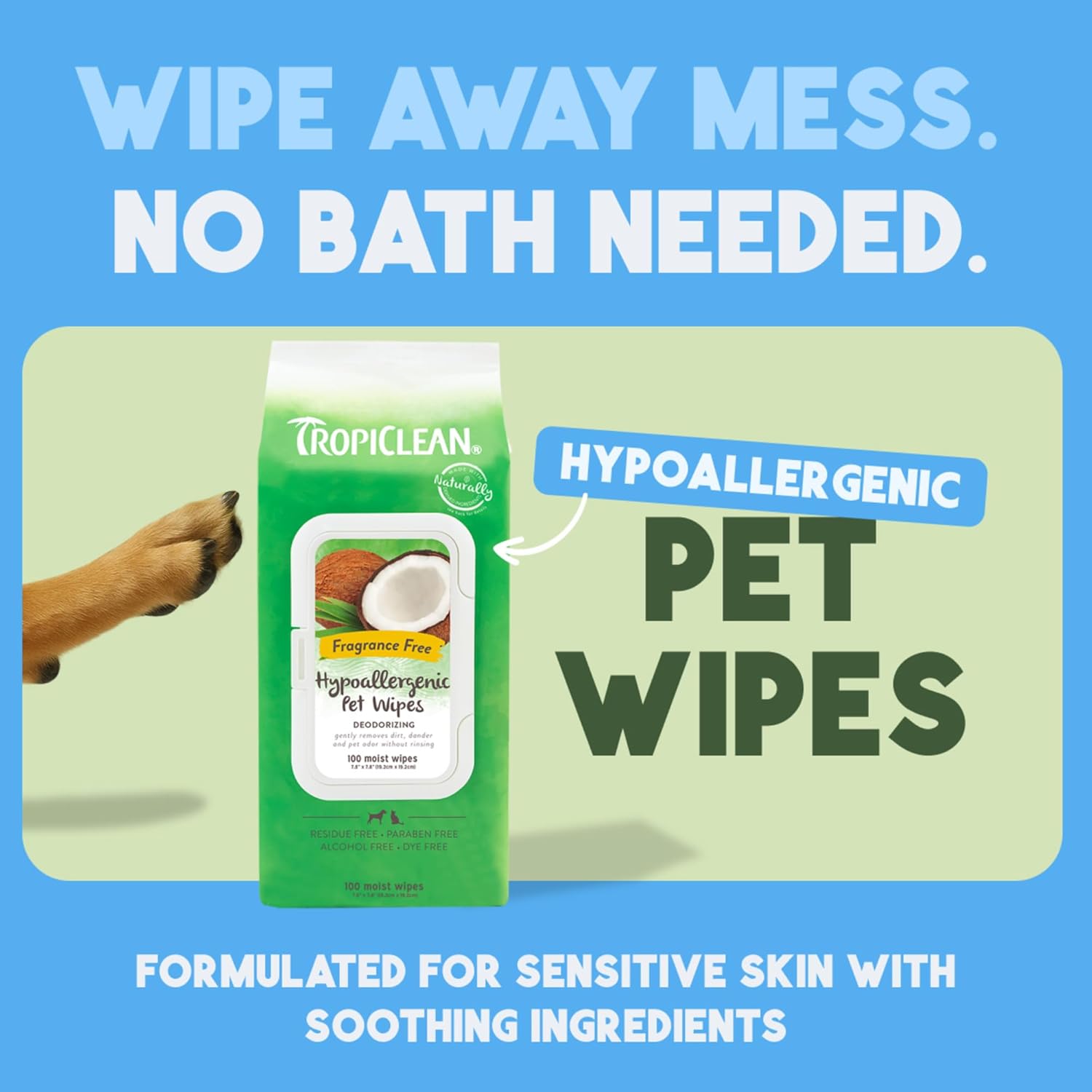 TropiClean Hypoallergenic Cleaning Pet Wipes, 100ct - Wipes for Dogs, Cats, Puppies & Kittens with Sensitive Skin - Gently Removes Dirt & Dander - Fragrance Free