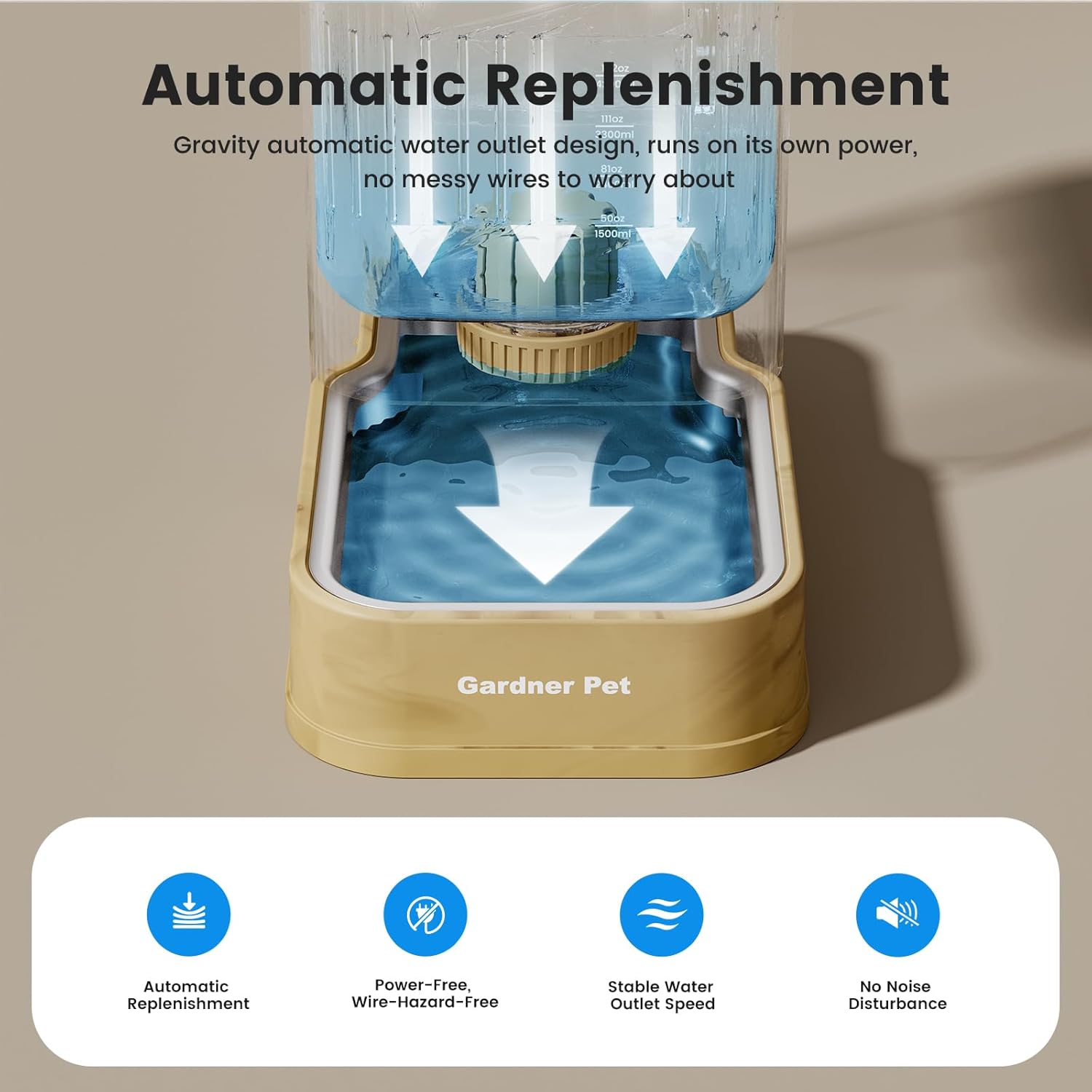 Gardner Pet Automatic Dog Water Dispenser Gravity Waterer with Stainless Steel Bowl Water Dispenser 8.5L Large Capacity Water Feeder for Dogs Cats Pets, BPA-Free Noise-Free (Light Brown, 8.5L)