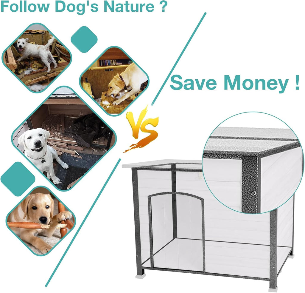 Indoor Outdoor Dog House,Anti-Chewing Iron Frame Dog Kennel,Wood Warm Pets Home,Weatherproof Outside Shelter for Feral Animal 33.5" (L) X 22" (W) X 25.2" (H) Grey