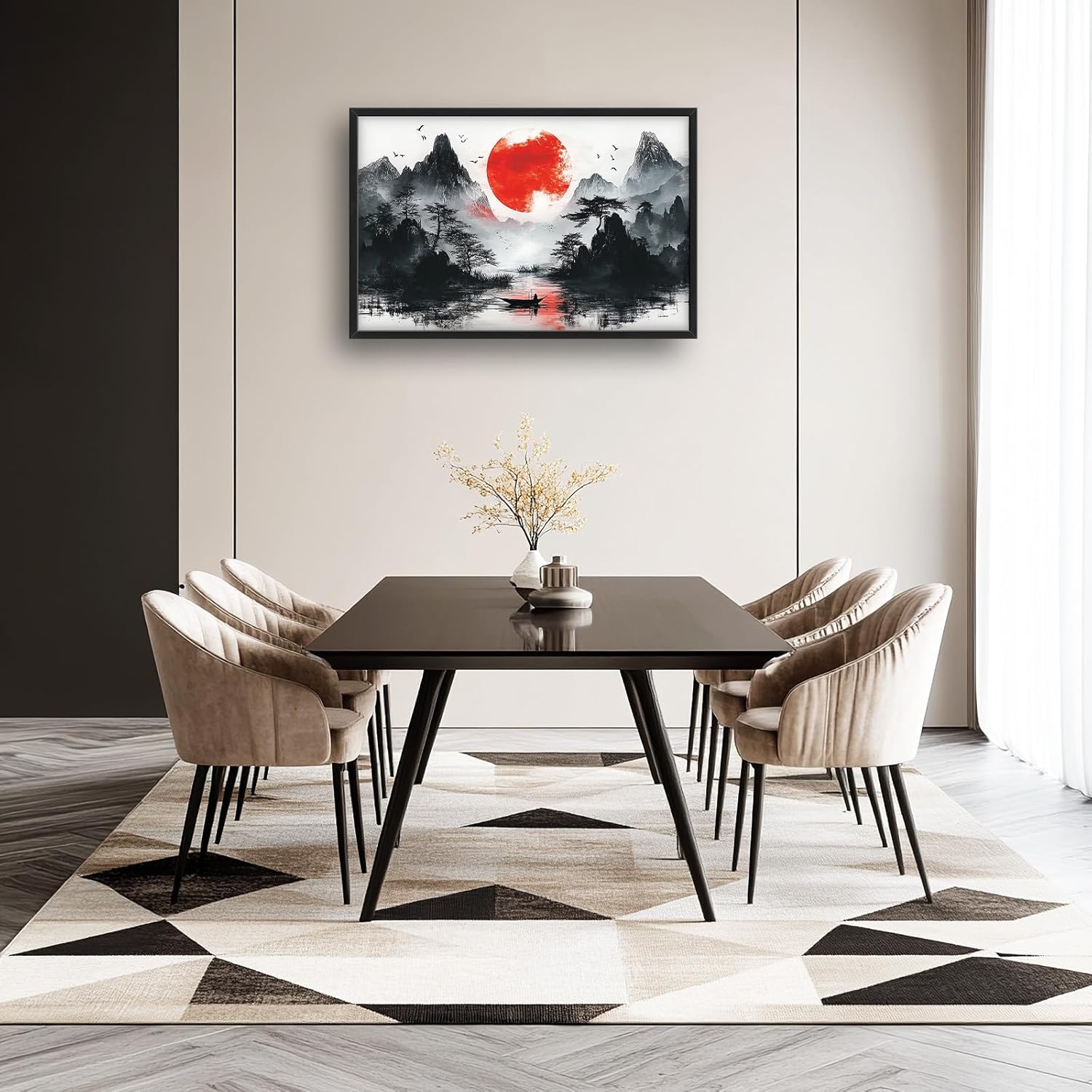 Framed Large Japanese Mountain Wall Art for Living Room, Oversized Asian Red Sun Lake Landscape Wall Decor Nature Canvas Painting Home Decoration for Living Room Bedroom Office 36"x24"