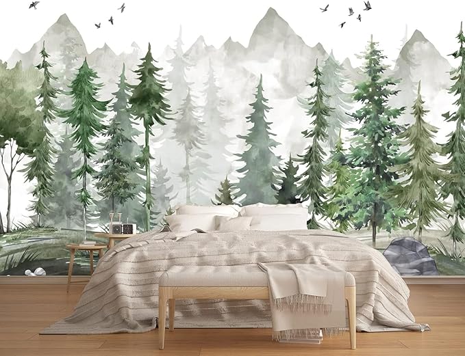 Green Forest Wall Mural Watercolor Woodland Wallpaper for Nursery Room (Not Peel n' Stick)