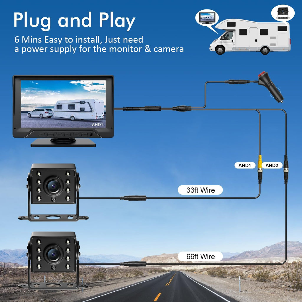 Dual RV Backup Camera Plug and Play, 7'' Backup Camera for Truck Trailer, No Delay, 1080P HD, 2 Channels, 150° Wide Angle, DIY Guide Lines, Night Vision, IP69 Rear View Camera