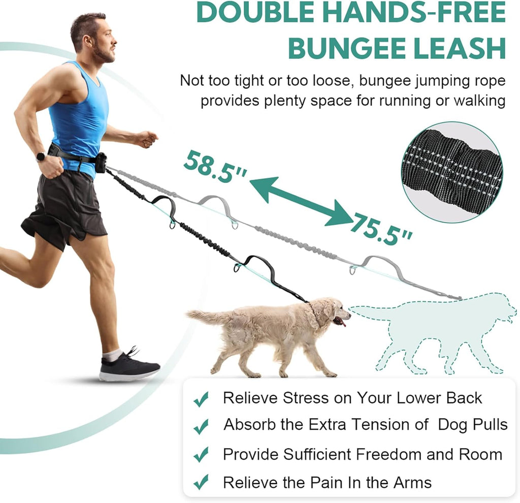 Hands Free Dog Leash with Pouch, Double Leash for Two Dogs, Retractable Bungee with Double Padded Handles, Waist Leash for Dog Walking, Running Leash for Dogs, Dog Walking Accessories