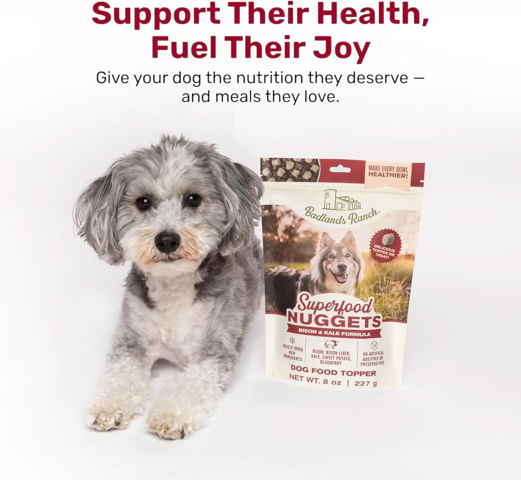 BADLANDS RANCH Superfood Nuggets – Freeze-Dried Raw Dog Food Topper/Treat. Nutrient-Dense Bison & Kale Formula. No Artificial Additives. Premium 8oz Bags – 4-Pack Bundle
