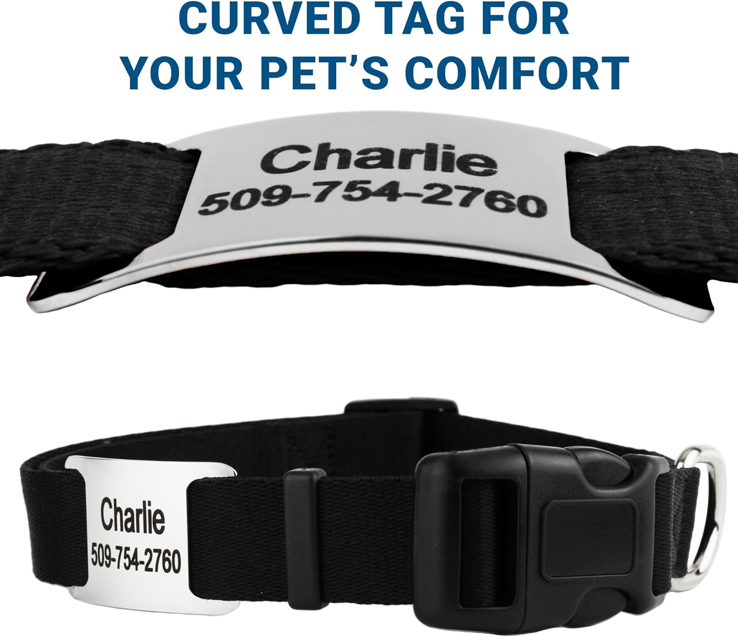 GoTags Personalized Dog Collar with Nameplate, Adjustable Dog Collar with Custom Engraved Slide On Pet ID Tag in Stainless Steel, Silent, No Noise Dog Tag (Charcoal, Medium)