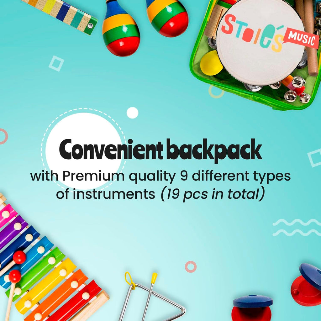 Stoie's Wooden Kids Musical Instruments for 1-5 Years Old, Baby Percussion Toys with Xylophone, Maracas, Tambourine, Durable, Safe to Play, Clear Sound, Bright Rainbow Colors, with a Storage Backpack