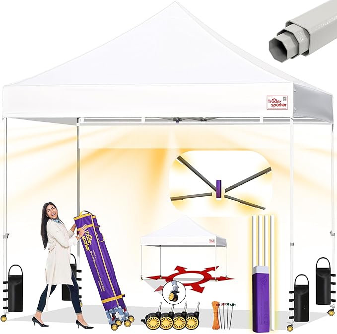 Tradesparker 8x8 Pop Up Canopy Tent,Commercial Movable Canopy with ApexCore LED & Rugged Casters-Instant Easy Setup Shelter Canopies with Weight Bags & Stakes for Oudoor Events Markets Vendors,White