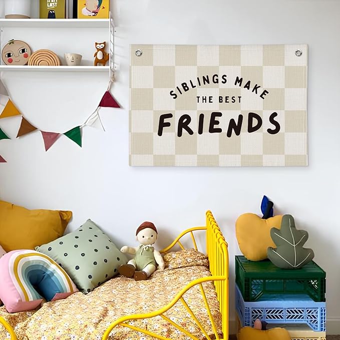 Playroom Nursery Decor, Siblings Make The Best Friends Banner, Linen Canvas Banner Wall Hanging Flag Decor for Toddler Kids Boys Girls Room 20x30