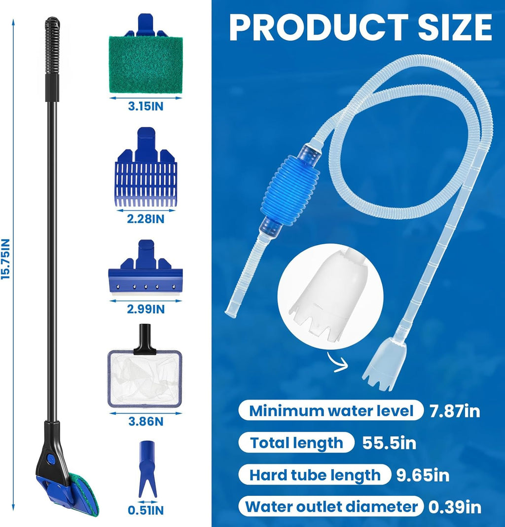 Aquarium Fish Tank Cleaning Tool Kit Include 4 Pcs Long Aquascape Tools Kit 1 Pcs Magnetic Glass Cleaner Brush 5 in 1 Fish Tank Gravel Cleaner and Siphon Vacuum for Terrarium Fish Tank Set