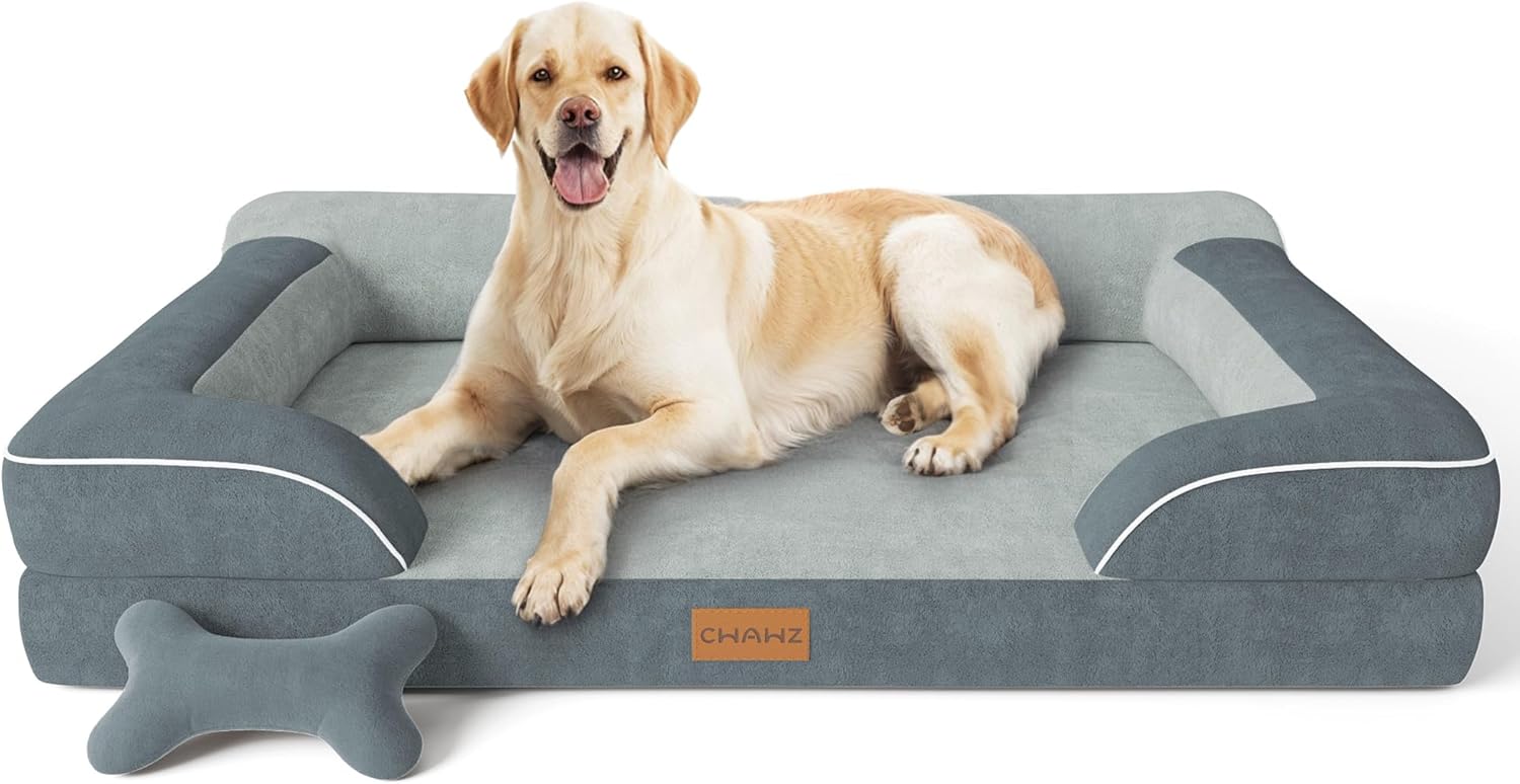 Jumbo Dog Bed for Extra Large Dogs, Orthopedic Dog Bed with Cooling Gel Memory Foam, Waterproof Pet Bed with Removable Washable Cover, 45" Pet Sofa Couch Dutch Velvet with Bone Toy, Dark Gray