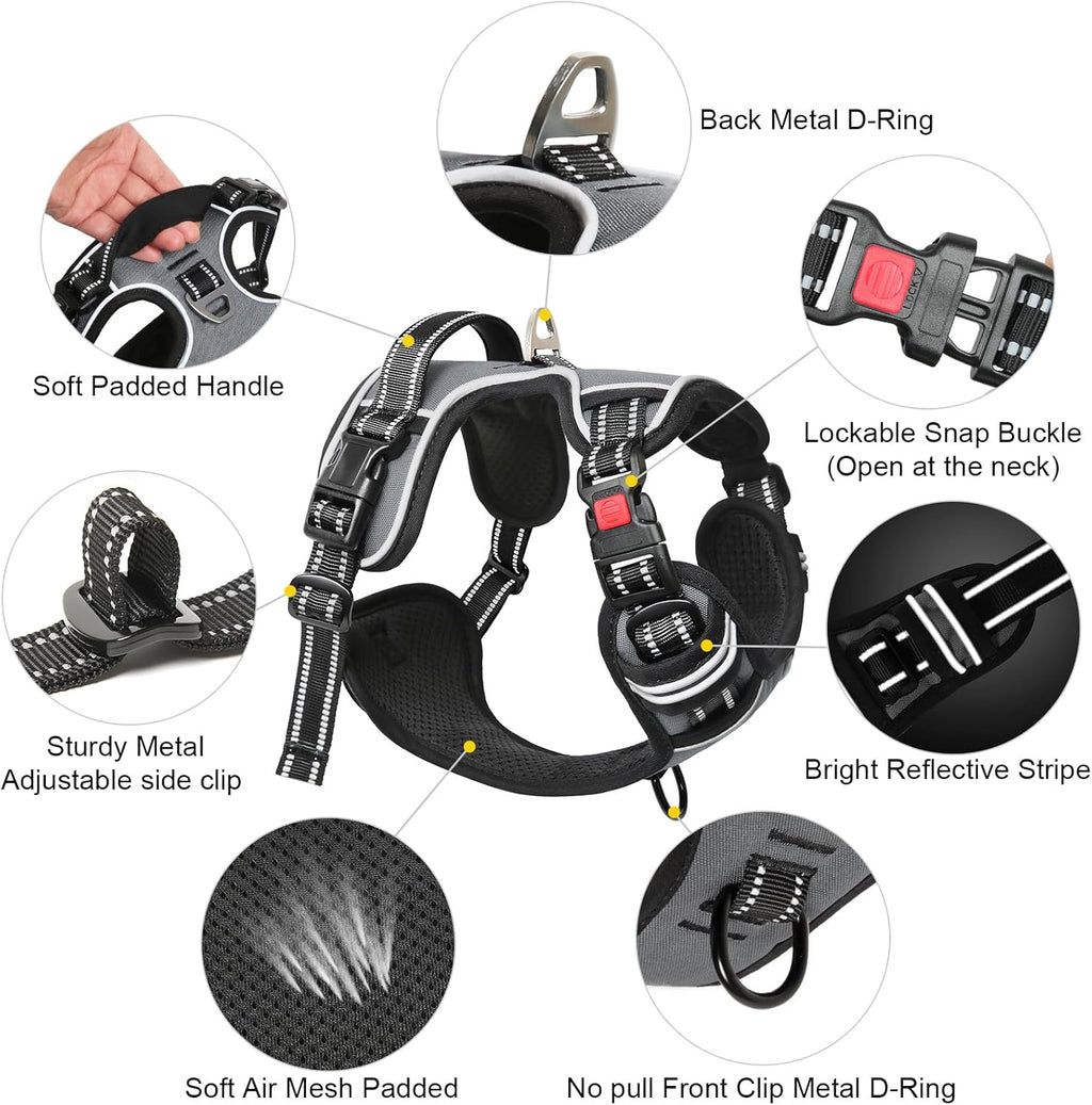 Timos Dog Harness Medium Sized, No Pull with Neck Lockable Snap,No Choke Front Clip Dog Reflective Harness,Adjustable Metal Rings 3 Buckles,Easy Control Handle for Medium Dogs Gray M