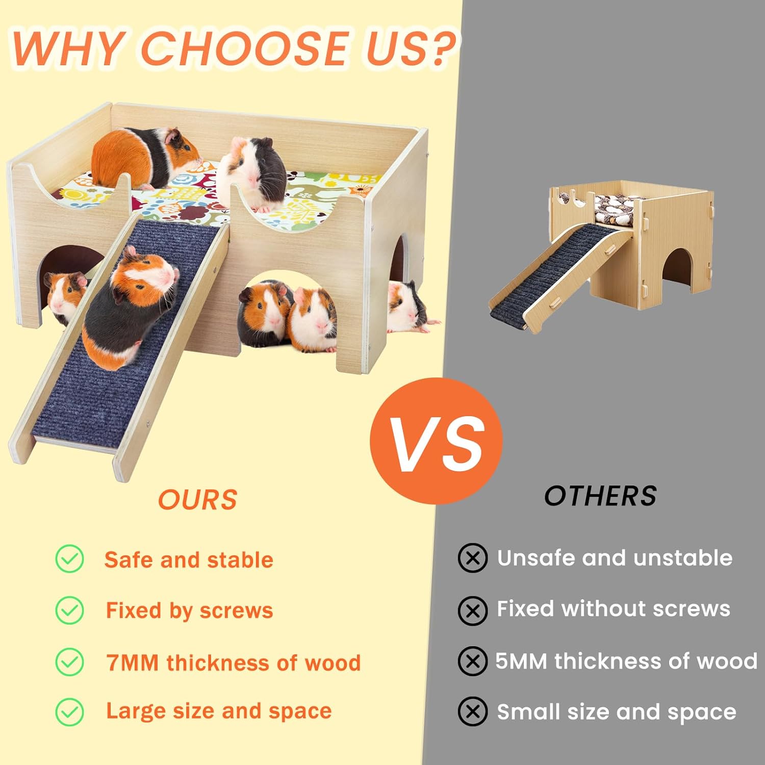 Large Guinea Pig Hideout, Sturdy Wooden Guinea Pig House, Small Animal Toys Accessories Bed Hut Habitats with Ramp and Mat, Easy to Install for Hamsters Bunny Rabbit Playing Hiding