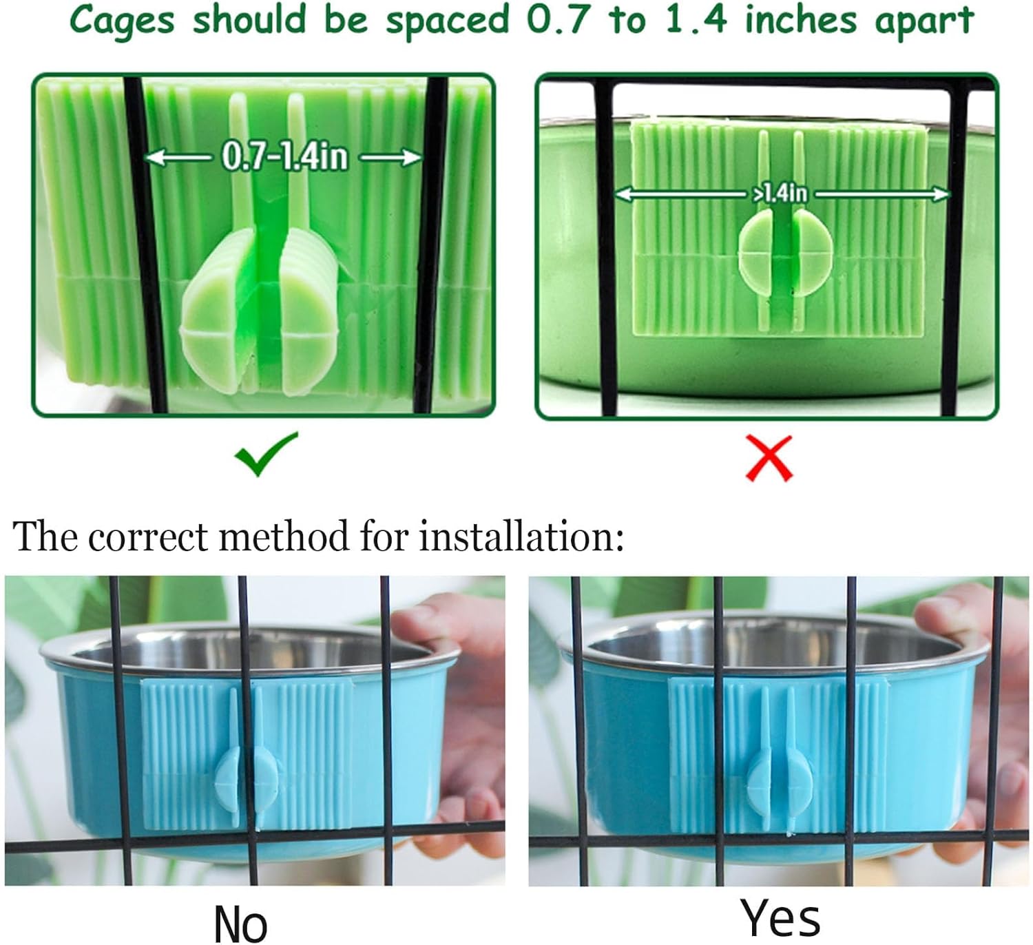 kathson Crate Dog Bowl, Removable Stainless Steel Hanging Pet Kennel Cage Bowl Food & Water Feeder Coop Cup for Puppy, Cat, Rabbit,Guinea Pigs 2pcs (Blue,Green)