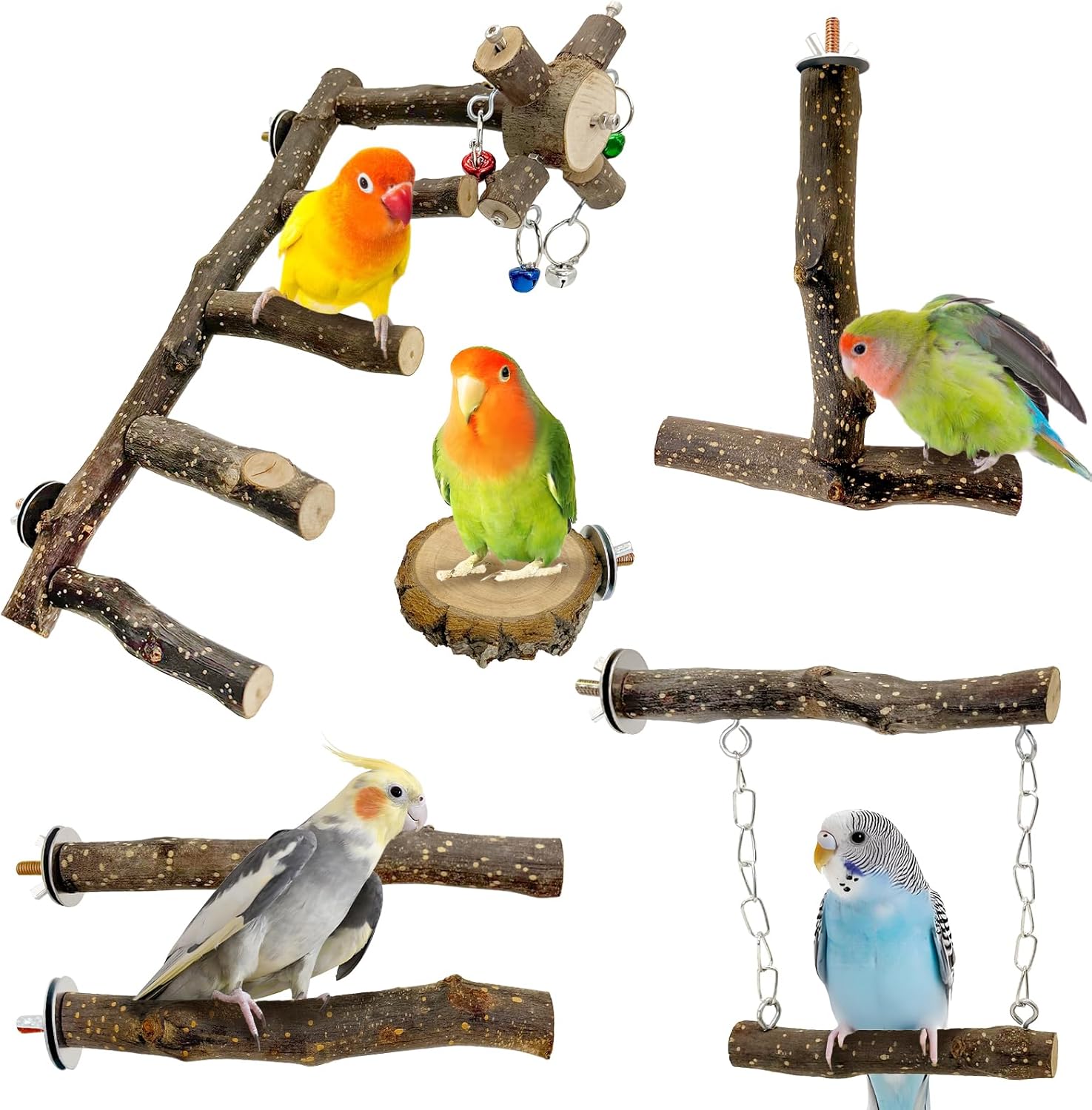 BNOSDM Natural Wood Bird Ladder Perch 6Pcs Parrot Stand Branches Climbing Chewing Stick Parakeet Swing Toys Cage Accessories Paw Grinding Fork Sets for Lovebirds Cockatiels Conure Budgies