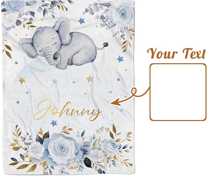 Personalized Baby Blanket for Boys Girls, Custom Baby Blanket with Name, Flannel Blue Elephant Blanket Personalized Gifts for Kids Newborn Infant, Ideal for Birthday Baby Shower(47" x60)