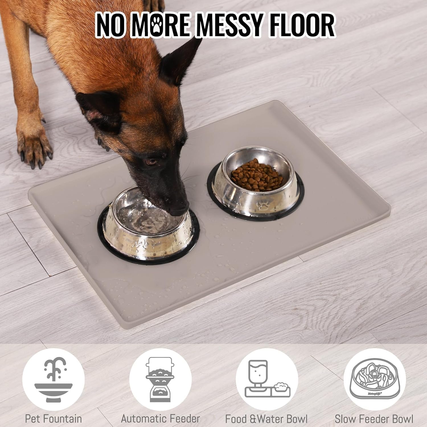 MateeyLife Dog & Cat Food Water Mat for Floors Waterproof, Nonslip Pets Bowl Feeding Mats with Raised Edges, Silicone Matt Tray for Messy Drinkers, 24"x16", Taupe