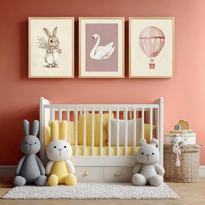 kilamino Pink Baby Girl Nursery Wall Art, Neutral Cute Rabbit and Swan Wall Decor, Vintage Hot Air Balloon Poster Prints, Pastel Bunny Animals Canvas Paintings for Baby Room Wood Framed 16"x24"x3